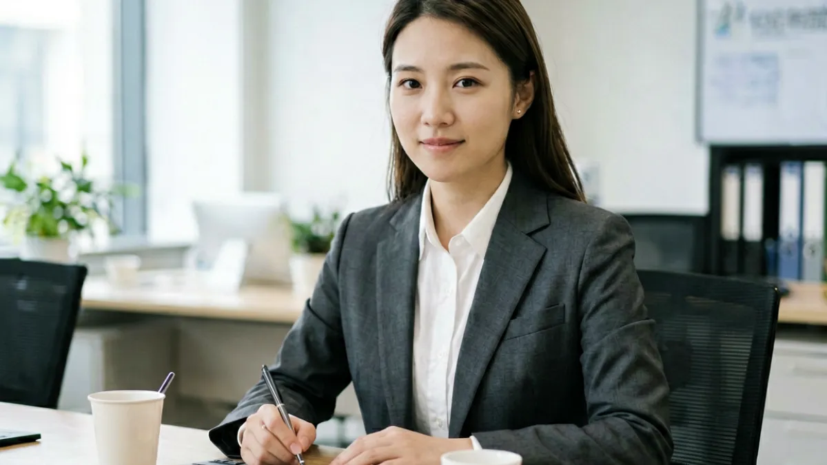 一个人在笔记本上认真整理关于潘甜甜内容的学习笔记，桌面有咖啡杯和彩色便利贴