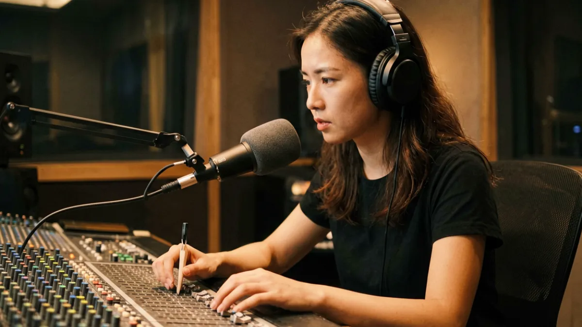 潘甜甜在录音棚内录制新歌，手持耳机专注调音的工作状态记录