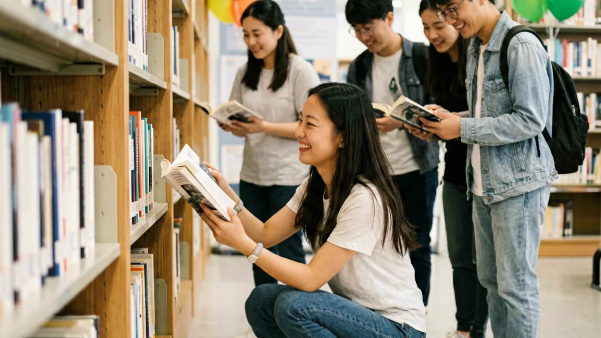 潘甜甜在户外公益活动现场与青少年学生互动，背景为书架与阅读展板
