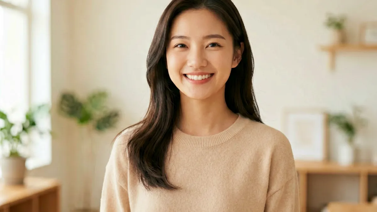潘甜甜站在明亮的室内场景中展示标志性甜美笑容与整体造型风格